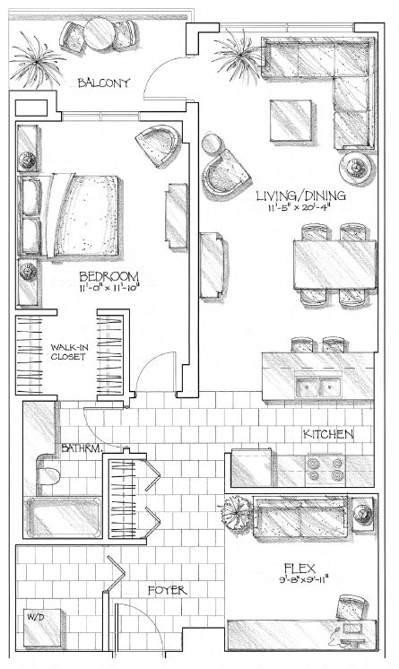 Floor plan for 1 bed, 1 bath, 895 sqft